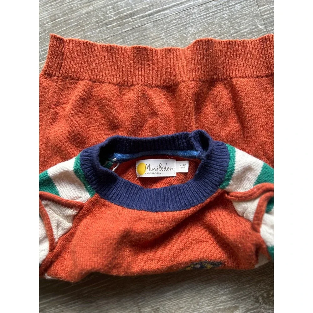 Cc4 Mini Boden Kids Orange Fox Face Intarsia Knit Sweater Striped Sleeves 4-5Y